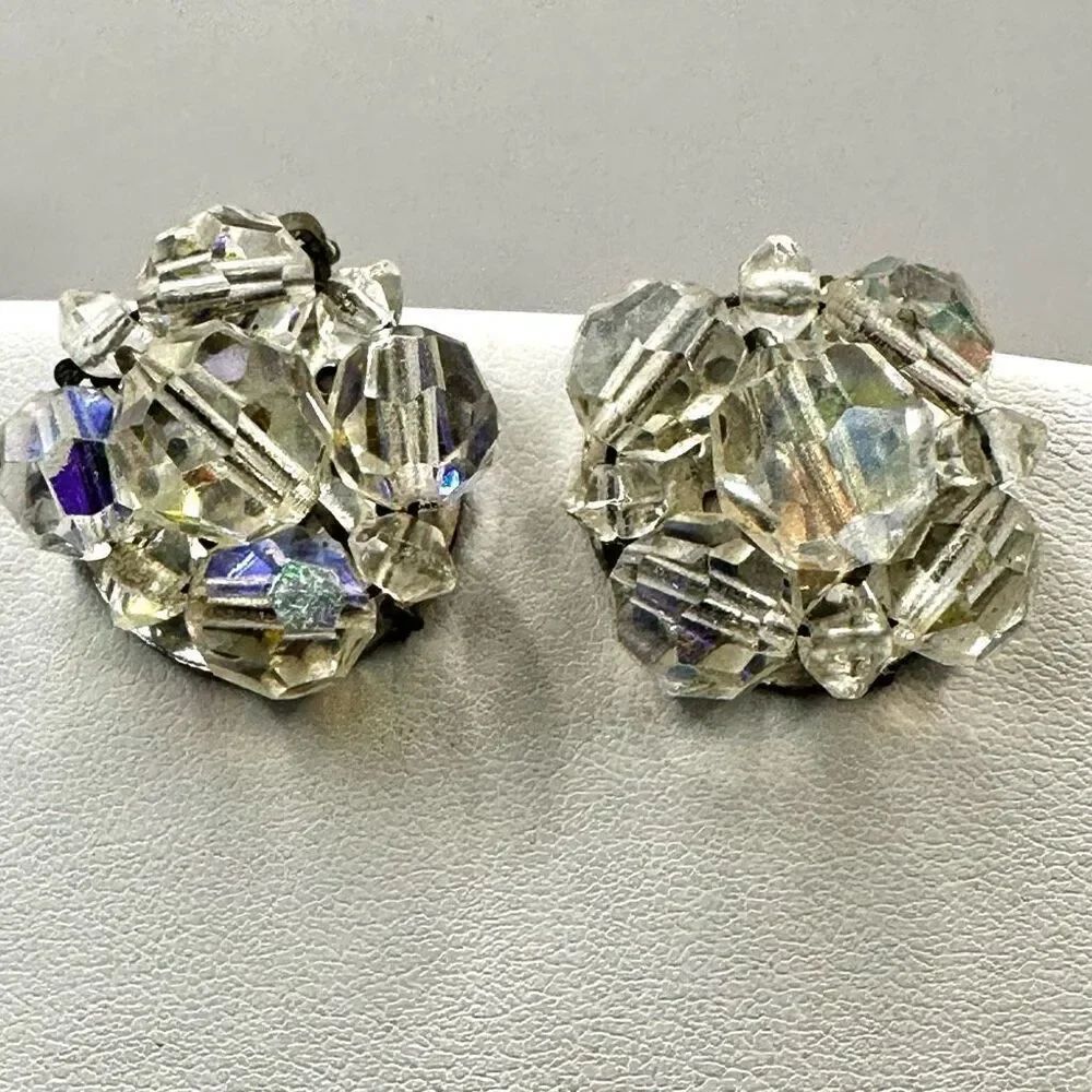Aurora Borealis vintage cluster clip on earrings